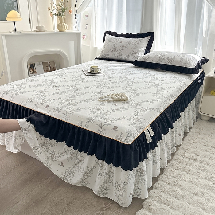 91家纺网 家纺一手货源 找家纺 笠裙家纺 2025新款水洗棉床裙 荷叶花边法式赫本风床裙 花恋