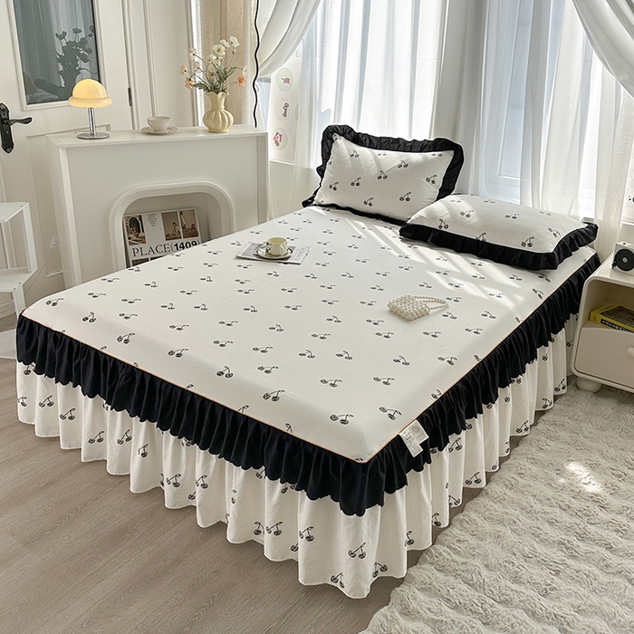 91家纺网 家纺一手货源 找家纺 笠裙家纺 2025新款水洗棉床裙 荷叶花边法式赫本风床裙 樱桃