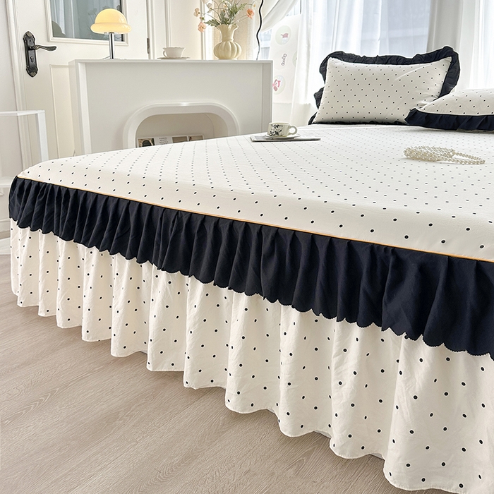 91家纺网 家纺一手货源 找家纺 笠裙家纺 2025新款水洗棉床裙 荷叶花边法式赫本风床裙 波点