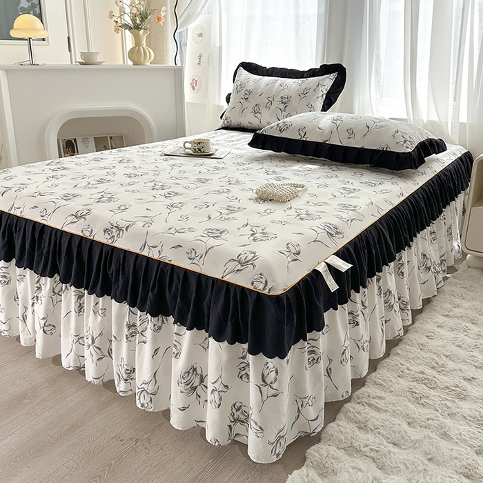 91家纺网 家纺一手货源 找家纺 笠裙家纺 2025新款水洗棉床裙 荷叶花边法式赫本风床裙 玫瑰