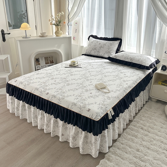 91家纺网 家纺一手货源 找家纺 笠裙家纺 2025新款水洗棉床裙 荷叶花边法式赫本风床裙 花恋