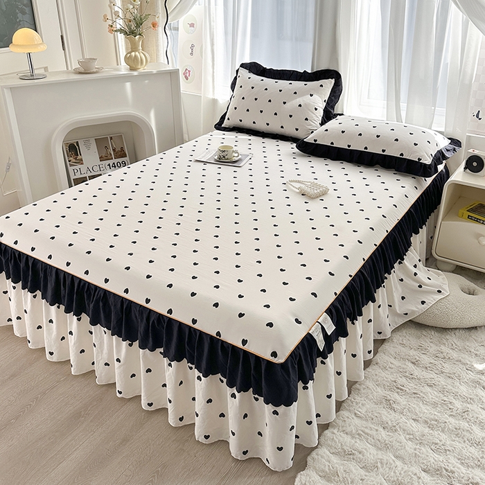 91家纺网 家纺一手货源 找家纺 笠裙家纺 2025新款水洗棉床裙 荷叶花边法式赫本风床裙 爱心