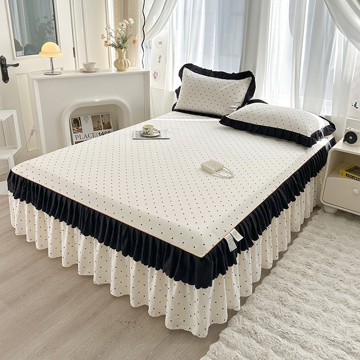 91家纺网 家纺一手货源 找家纺 笠裙家纺 2025新款水洗棉床裙 荷叶花边法式赫本风床裙 波点