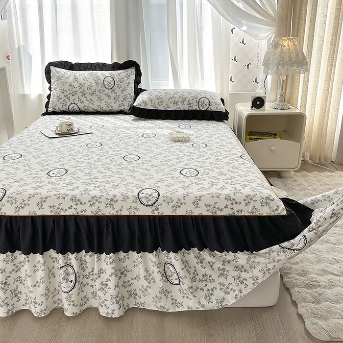 91家纺网 家纺一手货源 找家纺 笠裙家纺 2025新款水洗棉床裙 荷叶花边法式赫本风床裙 花香