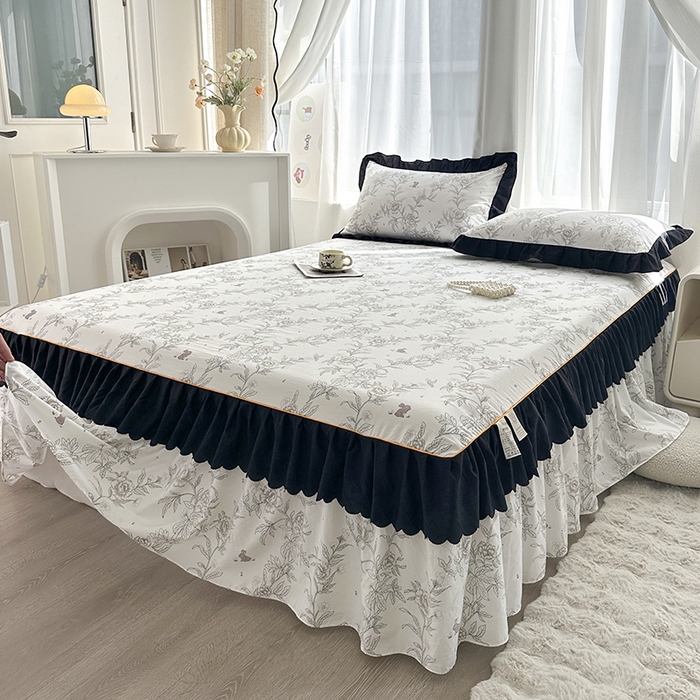 91家纺网 家纺一手货源 找家纺 笠裙家纺 2025新款水洗棉床裙 荷叶花边法式赫本风床裙 花恋