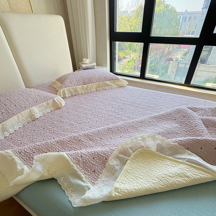 91家纺网 家纺一手货源 找家纺 8+8 2025新款全棉双层纱床盖三件套 花漾甜心