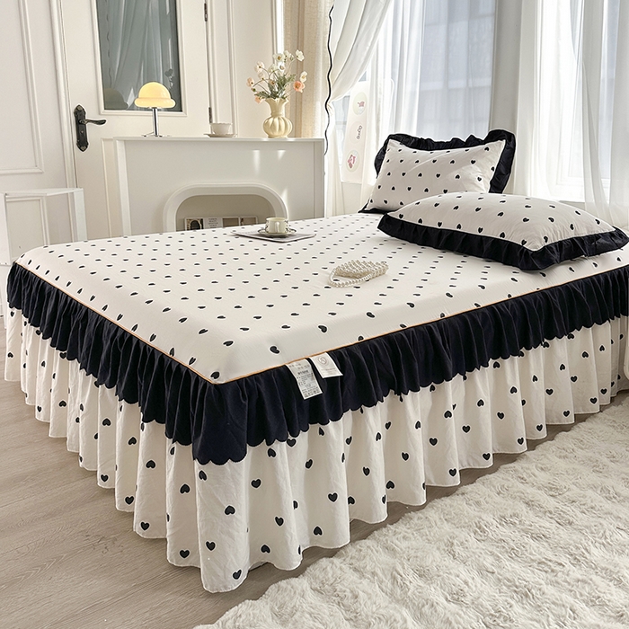 91家纺网 家纺一手货源 找家纺 笠裙家纺 2025新款水洗棉床裙 荷叶花边法式赫本风床裙 爱心