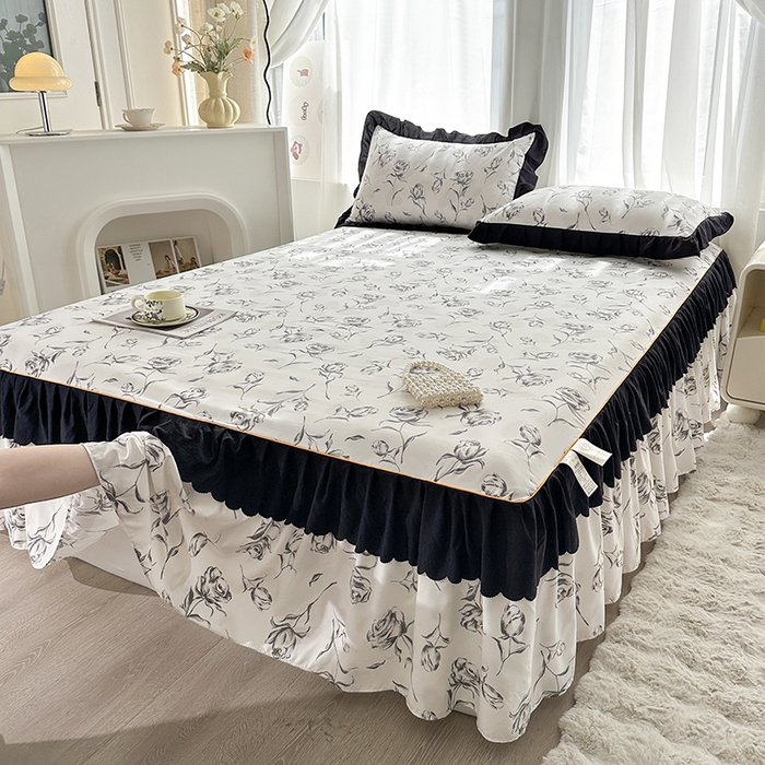 91家纺网 家纺一手货源 找家纺 笠裙家纺 2025新款水洗棉床裙 荷叶花边法式赫本风床裙 玫瑰