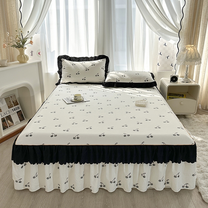 91家纺网 家纺一手货源 找家纺 笠裙家纺 2025新款水洗棉床裙 荷叶花边法式赫本风床裙 樱桃