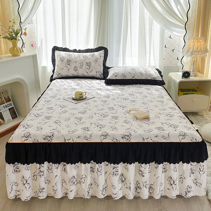 91家纺网 家纺一手货源 找家纺 笠裙家纺 2025新款水洗棉床裙 荷叶花边法式赫本风床裙 玫瑰