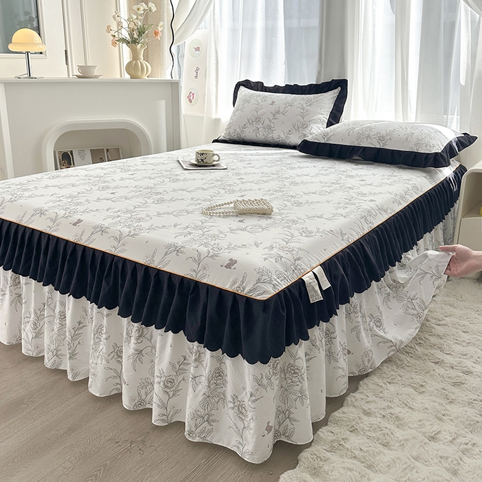 91家纺网 家纺一手货源 找家纺 笠裙家纺 2025新款水洗棉床裙 荷叶花边法式赫本风床裙 花恋