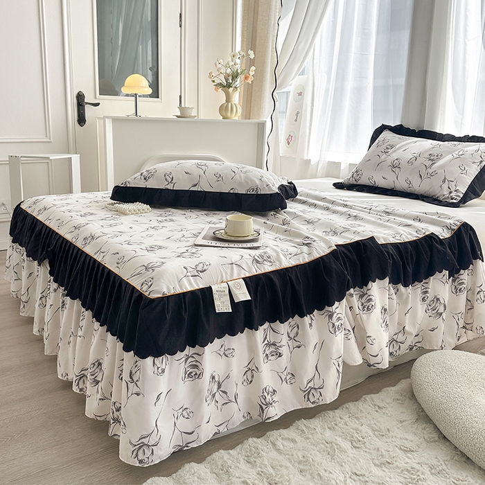 91家纺网 家纺一手货源 找家纺 笠裙家纺 2025新款水洗棉床裙 荷叶花边法式赫本风床裙 玫瑰