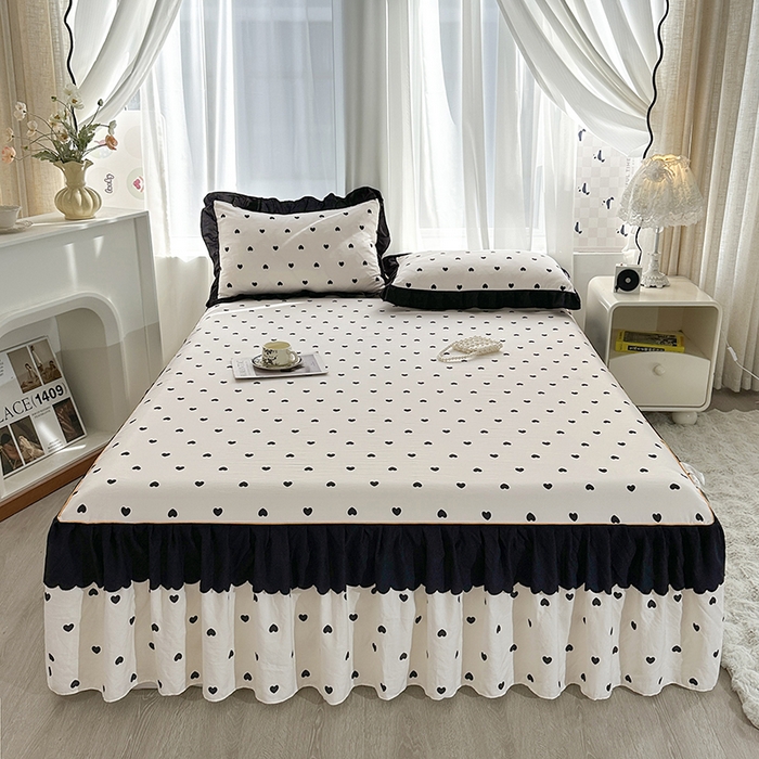 91家纺网 家纺一手货源 找家纺 笠裙家纺 2025新款水洗棉床裙 荷叶花边法式赫本风床裙 爱心