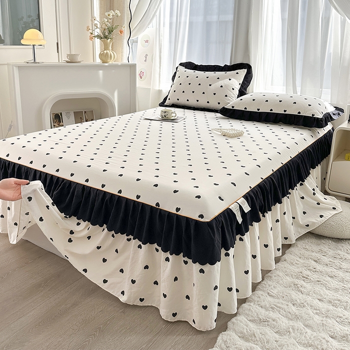 91家纺网 家纺一手货源 找家纺 笠裙家纺 2025新款水洗棉床裙 荷叶花边法式赫本风床裙 爱心