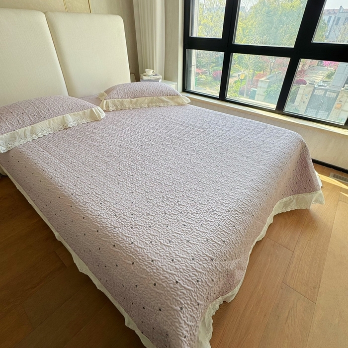 91家纺网 家纺一手货源 找家纺 8+8 2025新款全棉双层纱床盖三件套 花漾甜心