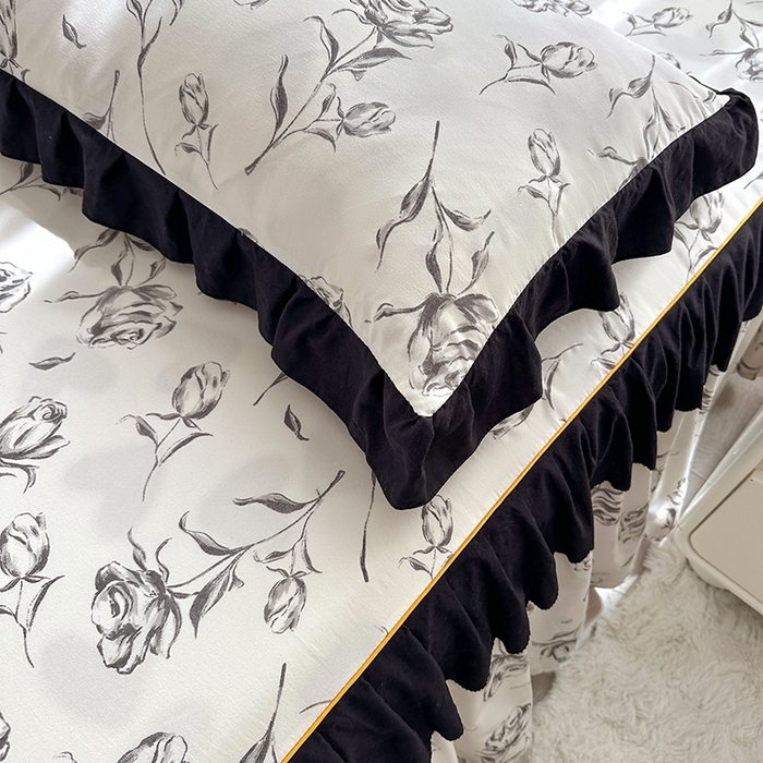 91家纺网 家纺一手货源 找家纺 笠裙家纺 2025新款水洗棉床裙 荷叶花边法式赫本风床裙 玫瑰