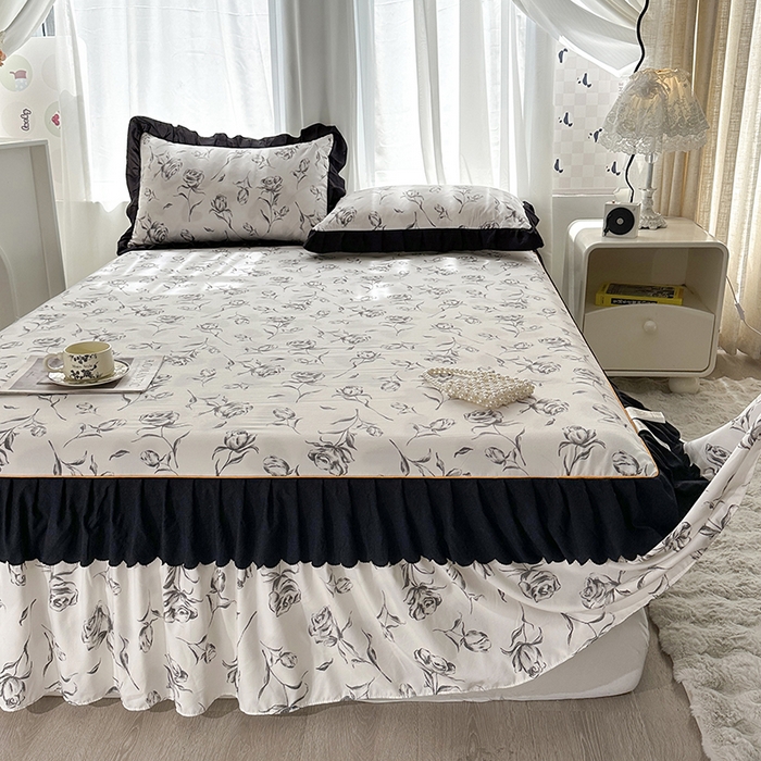 91家纺网 家纺一手货源 找家纺 笠裙家纺 2025新款水洗棉床裙 荷叶花边法式赫本风床裙 玫瑰