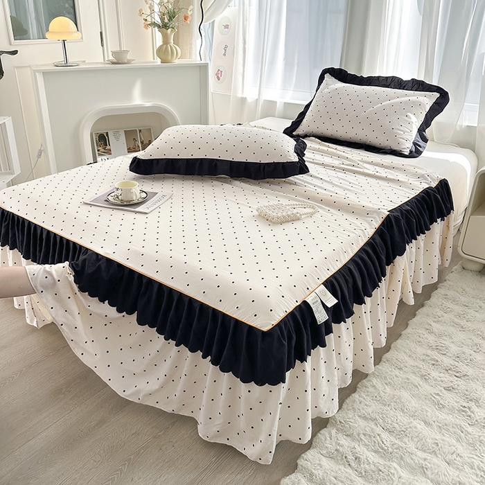 91家纺网 家纺一手货源 找家纺 笠裙家纺 2025新款水洗棉床裙 荷叶花边法式赫本风床裙 波点