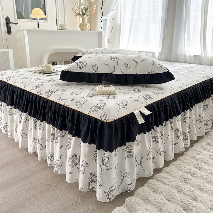 91家纺网 家纺一手货源 找家纺 笠裙家纺 2025新款水洗棉床裙 荷叶花边法式赫本风床裙 玫瑰