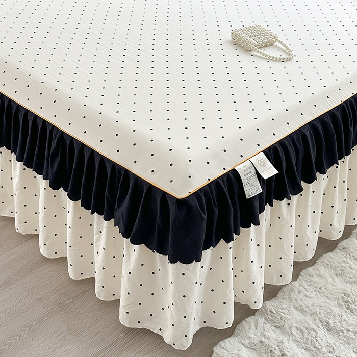 91家纺网 家纺一手货源 找家纺 笠裙家纺 2025新款水洗棉床裙 荷叶花边法式赫本风床裙 波点