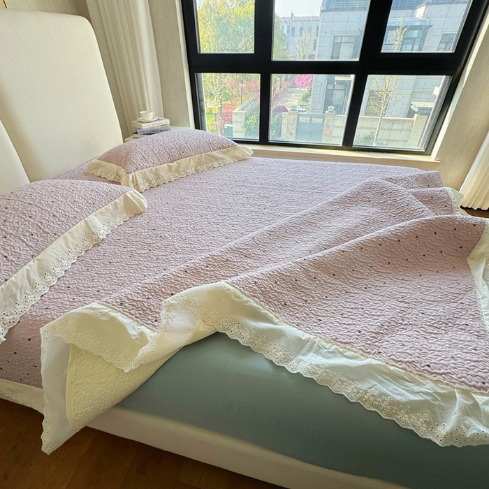 91家纺网 家纺一手货源 找家纺 8+8 2025新款全棉双层纱床盖三件套 花漾甜心