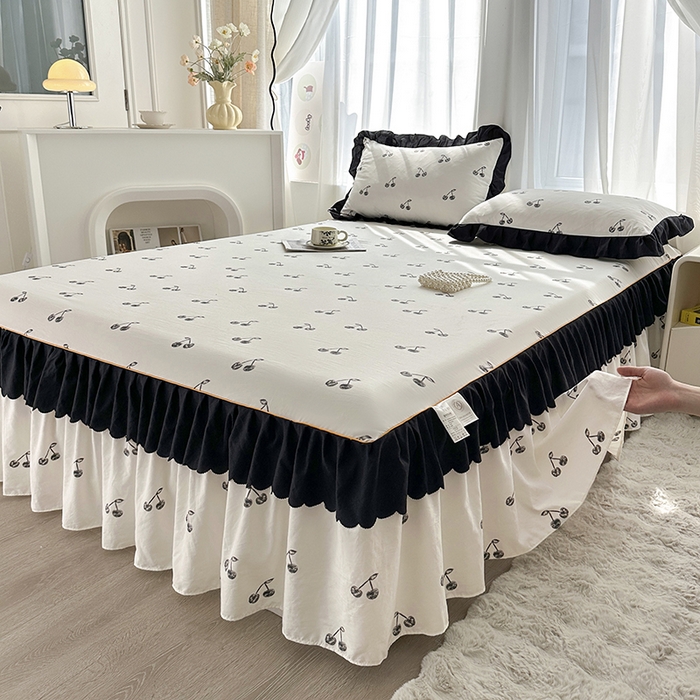 91家纺网 家纺一手货源 找家纺 笠裙家纺 2025新款水洗棉床裙 荷叶花边法式赫本风床裙 樱桃