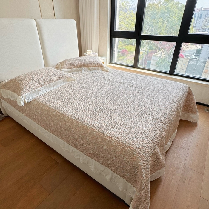 91家纺网 家纺一手货源 找家纺 8+8 2025新款全棉双层纱床盖三件套 黛秋