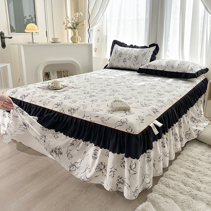 91家纺网 家纺一手货源 找家纺 笠裙家纺 2025新款水洗棉床裙 荷叶花边法式赫本风床裙 玫瑰