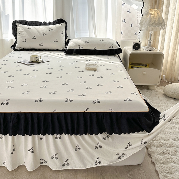 91家纺网 家纺一手货源 找家纺 笠裙家纺 2025新款水洗棉床裙 荷叶花边法式赫本风床裙 樱桃