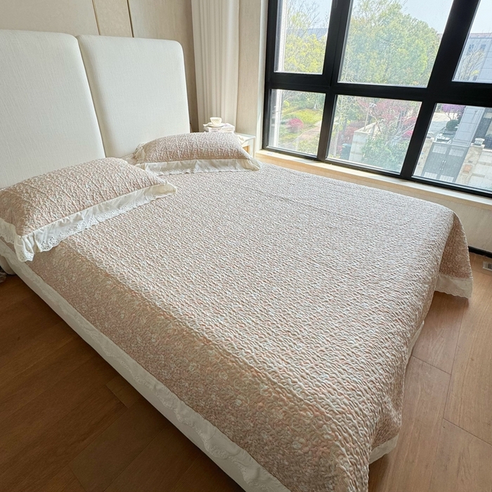 91家纺网 家纺一手货源 找家纺 8+8 2025新款全棉双层纱床盖三件套 黛秋