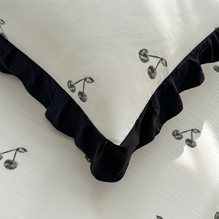 91家纺网 家纺一手货源 找家纺 笠裙家纺 2025新款水洗棉床裙 荷叶花边法式赫本风床裙 樱桃