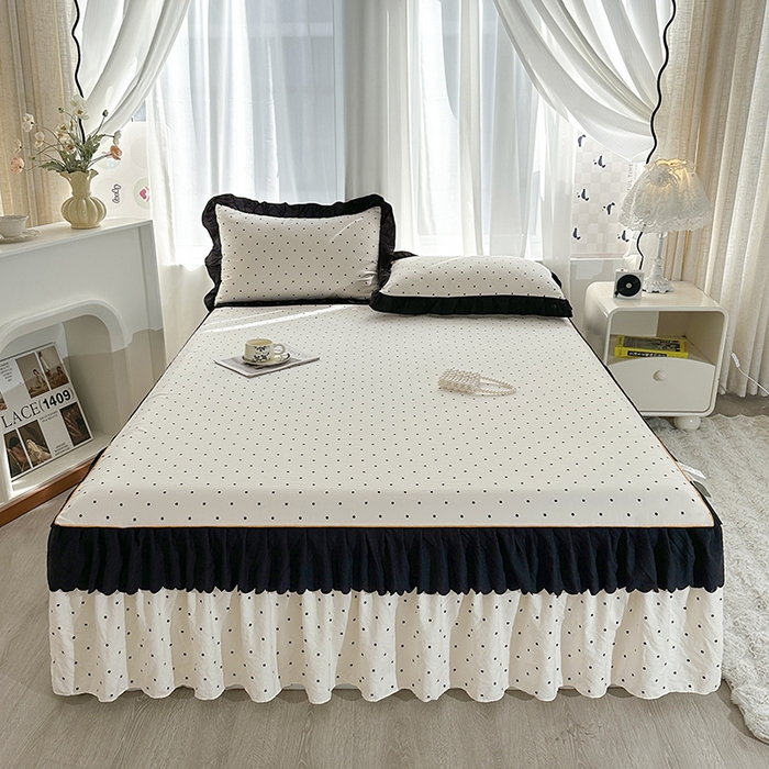 91家纺网 家纺一手货源 找家纺 笠裙家纺 2025新款水洗棉床裙 荷叶花边法式赫本风床裙 波点