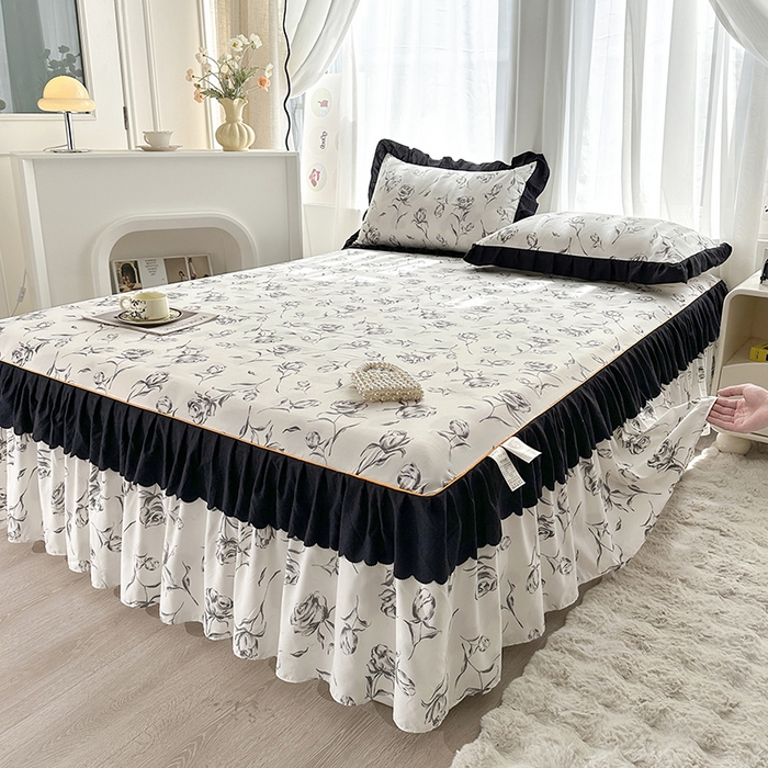 91家纺网 家纺一手货源 找家纺 笠裙家纺 2025新款水洗棉床裙 荷叶花边法式赫本风床裙 玫瑰