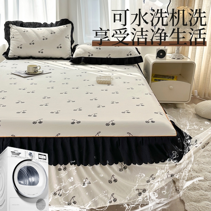 91家纺网 家纺一手货源 找家纺 笠裙家纺 2025新款水洗棉床裙 荷叶花边法式赫本风床裙 樱桃