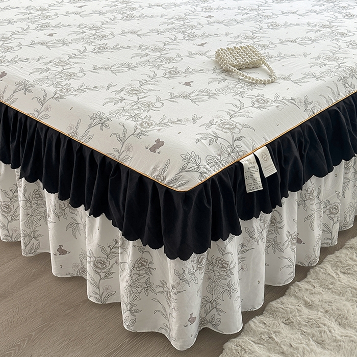 91家纺网 家纺一手货源 找家纺 笠裙家纺 2025新款水洗棉床裙 荷叶花边法式赫本风床裙 花恋