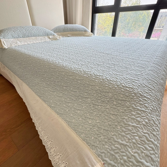 91家纺网 家纺一手货源 找家纺 8+8 2025新款全棉双层纱床盖三件套 璎珞