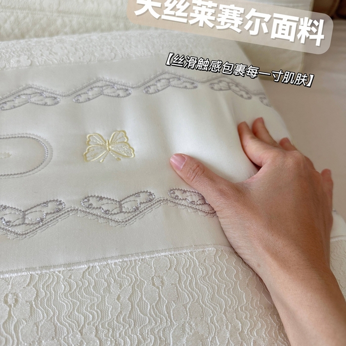 91家纺网 家纺一手货源 找家纺 （总）昕科 2025新款蕾丝复合蚕丝枕-桑蚕丝刺绣蝴蝶蕾丝花边枕芯莱赛尔纤维天丝立体枕头