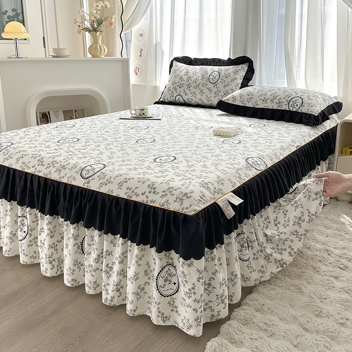 91家纺网 家纺一手货源 找家纺 笠裙家纺 2025新款水洗棉床裙 荷叶花边法式赫本风床裙 花香