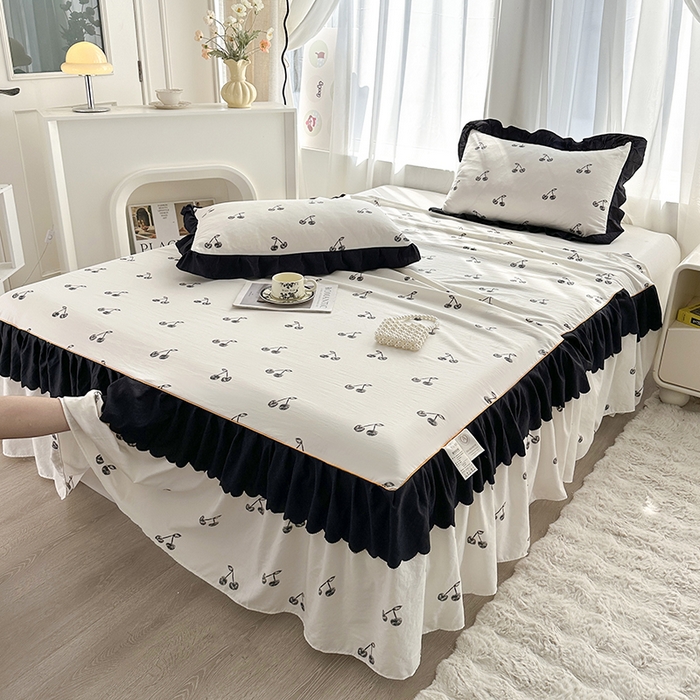 91家纺网 家纺一手货源 找家纺 笠裙家纺 2025新款水洗棉床裙 荷叶花边法式赫本风床裙 樱桃