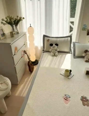 91家纺网 家纺一手货源 找家纺 萌飞 2025新款乙纶PE中分子华夫格凉豆豆凉席 中分子PE凉豆豆凉席-欢乐熊-米白【平铺款】