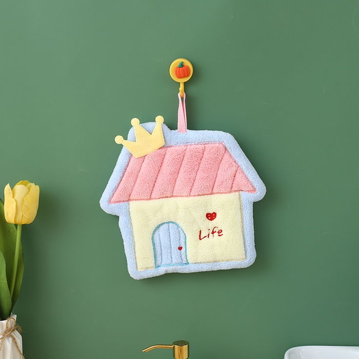 91家纺网 家纺一手货源 找家纺 彩虹毛巾2025新款珊瑚绒卡通可挂式加厚吸水不掉毛可爱小毛巾厨房洗手间挂巾便携式懒人擦手布-房子系列 蓝色房子