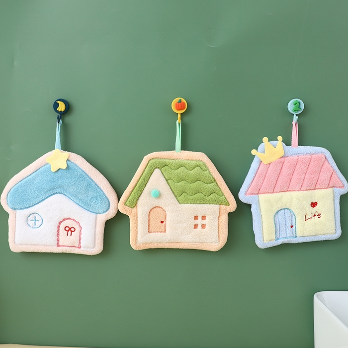 91家纺网 家纺一手货源 找家纺 彩虹毛巾2025新款珊瑚绒卡通可挂式加厚吸水不掉毛可爱小毛巾厨房洗手间挂巾便携式懒人擦手布-房子系列 三色装