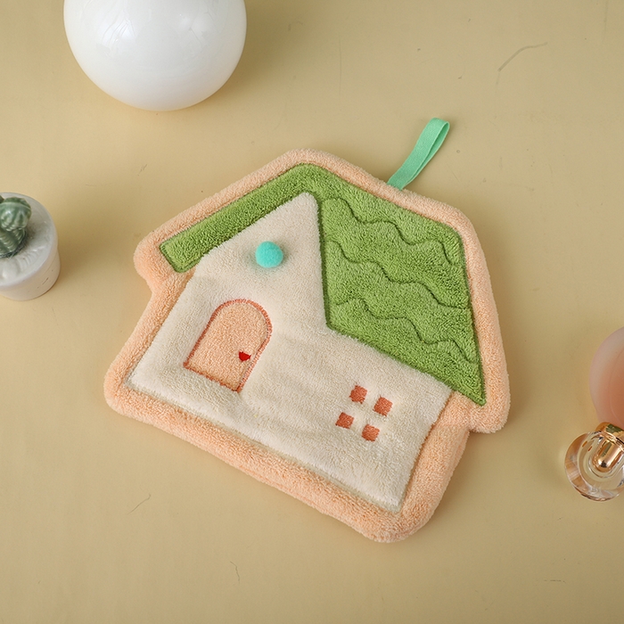 彩虹毛巾2025新款珊瑚绒卡通可挂式加厚吸水不掉毛可爱小毛巾厨房洗手间挂巾便携式懒人擦手布-房子系列 橙色房子
