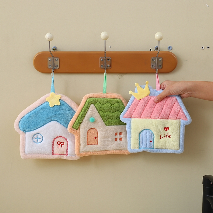 91家纺网 家纺一手货源 找家纺 彩虹毛巾2025新款珊瑚绒卡通可挂式加厚吸水不掉毛可爱小毛巾厨房洗手间挂巾便携式懒人擦手布-房子系列 橙色房子