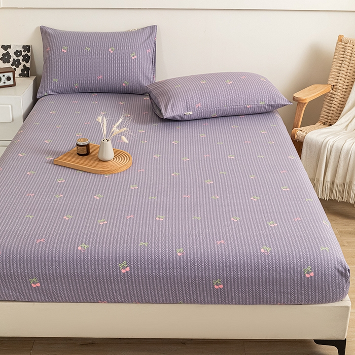 91家纺网 家纺一手货源 找家纺 芃成家纺 2025新款加厚老粗布原棉床笠亲肤单床笠 爱心樱桃