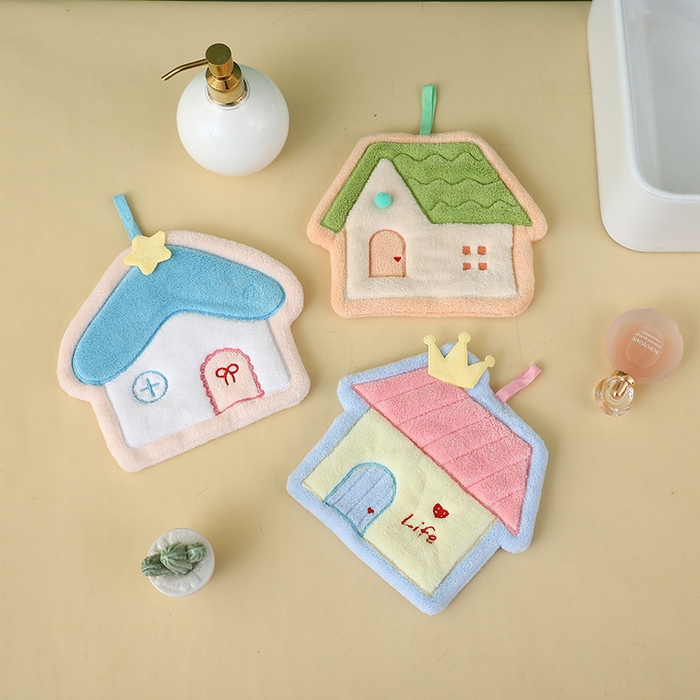 91家纺网 家纺一手货源 找家纺 彩虹毛巾2025新款珊瑚绒卡通可挂式加厚吸水不掉毛可爱小毛巾厨房洗手间挂巾便携式懒人擦手布-房子系列 蓝色房子