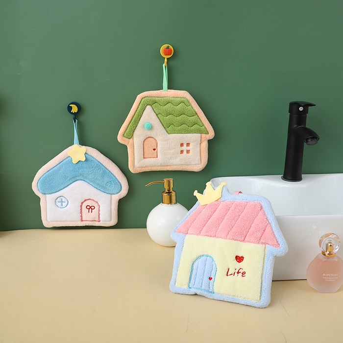 91家纺网 家纺一手货源 找家纺 彩虹毛巾2025新款珊瑚绒卡通可挂式加厚吸水不掉毛可爱小毛巾厨房洗手间挂巾便携式懒人擦手布-房子系列 蓝色房子