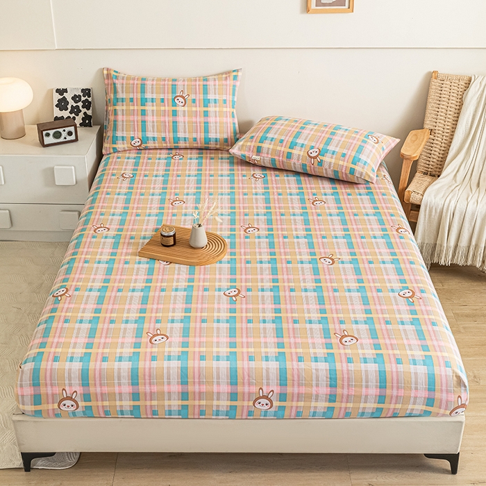 芃成家纺 2025新款加厚老粗布原棉床笠亲肤单床笠 彩格兔