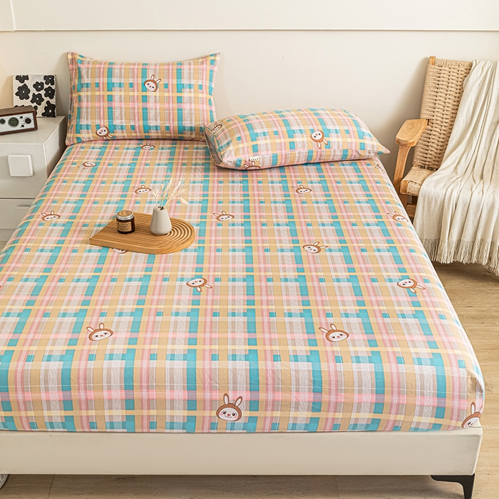 91家纺网 家纺一手货源 找家纺 芃成家纺 2025新款加厚老粗布原棉床笠亲肤单床笠 彩格兔