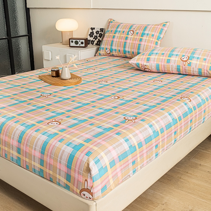 91家纺网 家纺一手货源 找家纺 芃成家纺 2025新款加厚老粗布原棉床笠亲肤单床笠 彩格兔